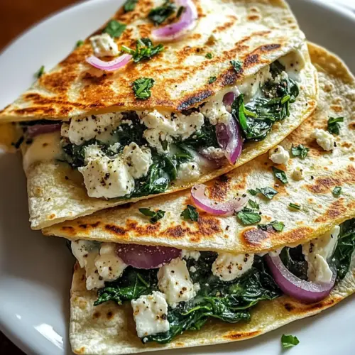 Mediterranean Quesadillas with Spinach Feta Mozzarella and Red Onion